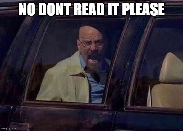 Walter White Screaming At Hank | NO DONT READ IT PLEASE | image tagged in walter white screaming at hank | made w/ Imgflip meme maker