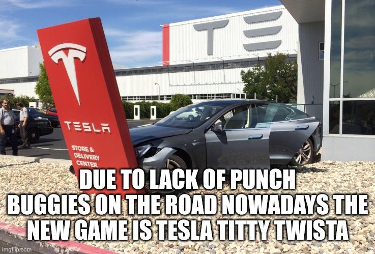 TeslaCrash | DUE TO LACK OF PUNCH BUGGIES ON THE ROAD NOWADAYS THE NEW GAME IS TESLA TITTY TWISTA | image tagged in teslacrash | made w/ Imgflip meme maker