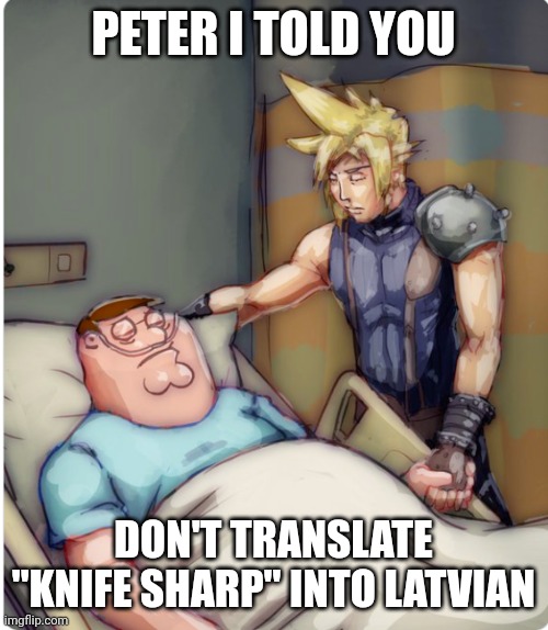 . | PETER I TOLD YOU; DON'T TRANSLATE "KNIFE SHARP" INTO LATVIAN | image tagged in peter i told you | made w/ Imgflip meme maker