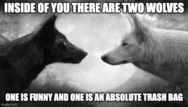 yo uknow exactly what im talking about | INSIDE OF YOU THERE ARE TWO WOLVES; ONE IS FUNNY AND ONE IS AN ABSOLUTE TRASH BAG | image tagged in inside you there are two wolves | made w/ Imgflip meme maker