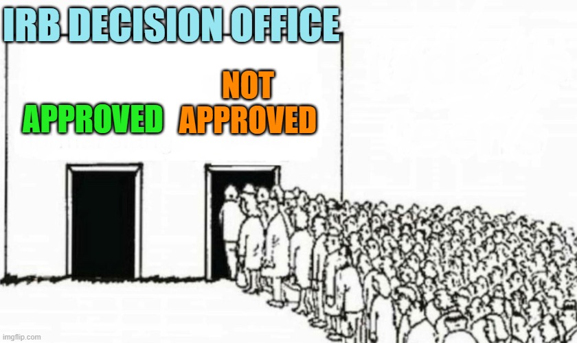 IRB Process | IRB DECISION OFFICE; NOT APPROVED; APPROVED | image tagged in two doors crowd,grad school,irb,phd,research | made w/ Imgflip meme maker