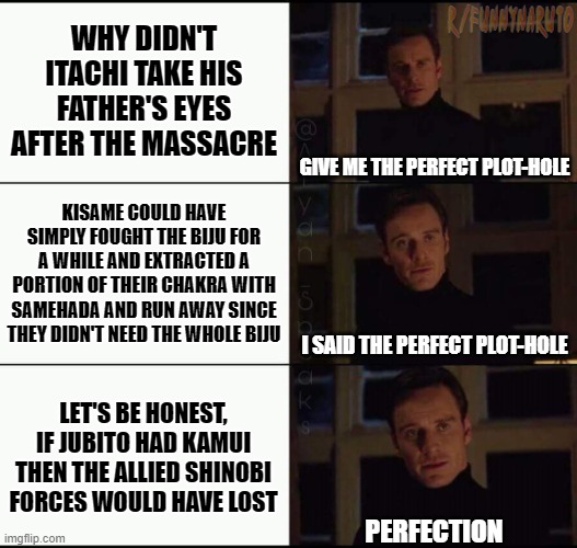 The perfect plot-hole | image tagged in naruto,obito,itachi,plot hole,biju,kisame | made w/ Imgflip meme maker