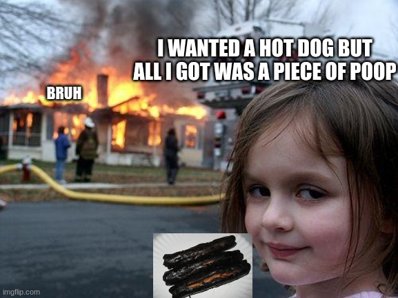 Brody be like (haminations Brody) | I WANTED A HOT DOG BUT ALL I GOT WAS A PIECE OF POOP; BRUH | image tagged in memes,disaster girl | made w/ Imgflip meme maker