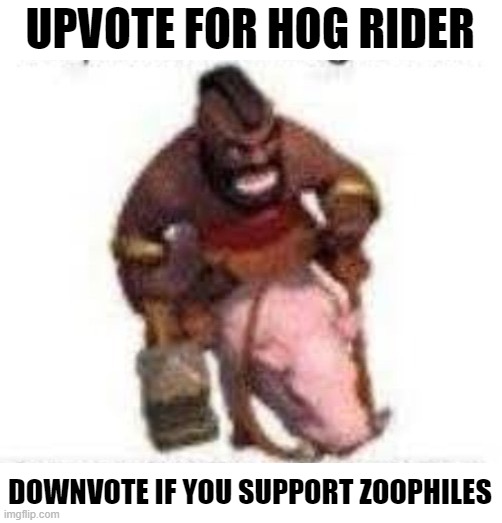 Try getting this meme to the front page ༼ つ ◕_◕ ༽つ | UPVOTE FOR HOG RIDER; DOWNVOTE IF YOU SUPPORT ZOOPHILES | image tagged in funny,memes | made w/ Imgflip meme maker