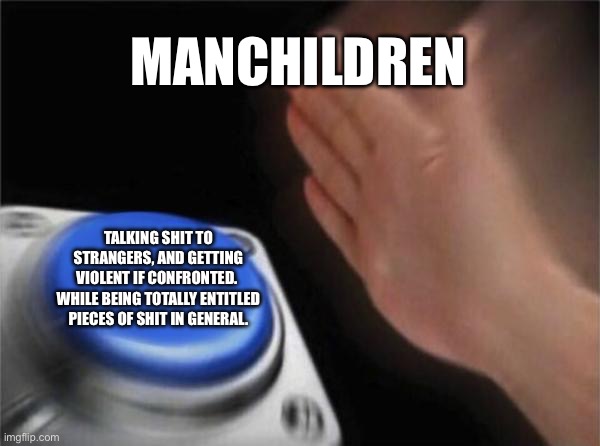 Blank Nut Button | MANCHILDREN; TALKING SHIT TO STRANGERS, AND GETTING VIOLENT IF CONFRONTED.  WHILE BEING TOTALLY ENTITLED PIECES OF SHIT IN GENERAL. | image tagged in memes,blank nut button | made w/ Imgflip meme maker