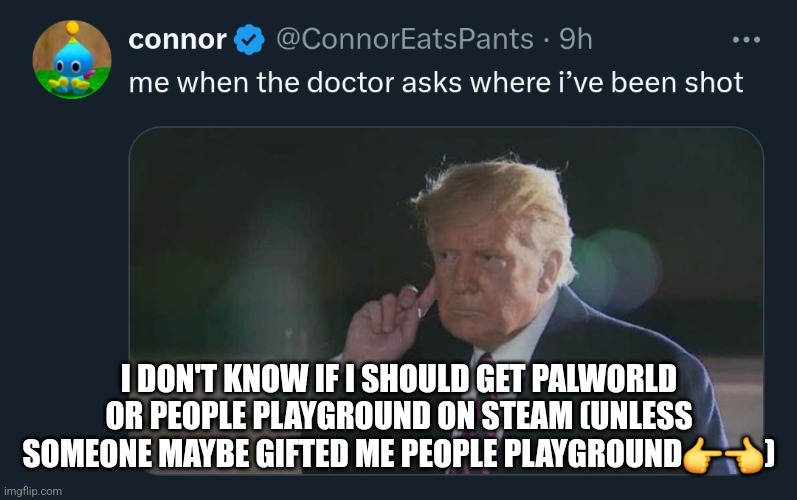 Trump | I DON'T KNOW IF I SHOULD GET PALWORLD OR PEOPLE PLAYGROUND ON STEAM (UNLESS SOMEONE MAYBE GIFTED ME PEOPLE PLAYGROUND👉👈) | image tagged in trump | made w/ Imgflip meme maker