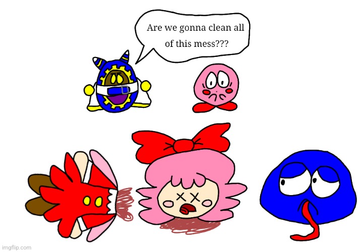 Ribbon had her head chopped off again it's funny (Added Magolor and Gooey) | image tagged in kirby,gore,parody,death,funny,fanart | made w/ Imgflip meme maker