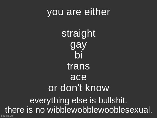 my rep might be cooked but whatever | you are either
 
straight
gay
bi
trans
ace
or don't know; everything else is bullshit.
there is no wibblewobblewooblesexual. | made w/ Imgflip meme maker