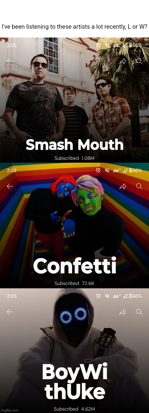 I've been listening to these artists a lot recently, L or W? | made w/ Imgflip meme maker