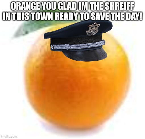 orange | ORANGE YOU GLAD IM THE SHREIFF IN THIS TOWN READY TO SAVE THE DAY! | image tagged in orange | made w/ Imgflip meme maker