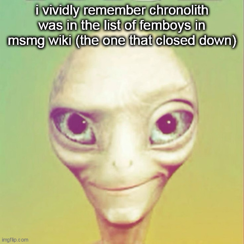 Freaky ahh alien | i vividly remember chronolith was in the list of femboys in msmg wiki (the one that closed down) | image tagged in freaky ahh alien | made w/ Imgflip meme maker