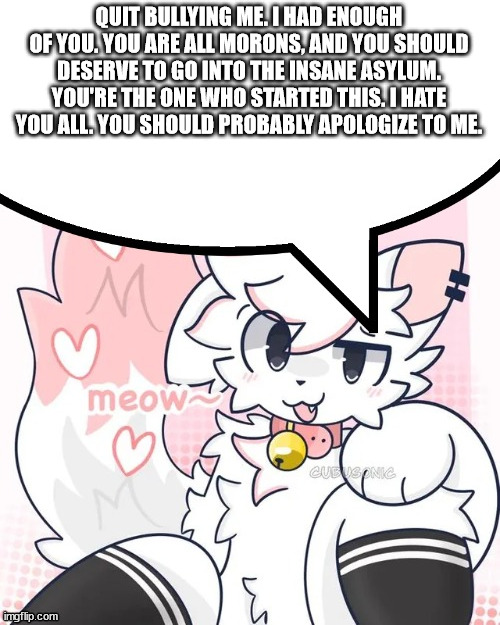 femboy boykisser speech bubble | QUIT BULLYING ME. I HAD ENOUGH OF YOU. YOU ARE ALL MORONS, AND YOU SHOULD DESERVE TO GO INTO THE INSANE ASYLUM. YOU'RE THE ONE WHO STARTED THIS. I HATE YOU ALL. YOU SHOULD PROBABLY APOLOGIZE TO ME. | image tagged in femboy boykisser speech bubble | made w/ Imgflip meme maker