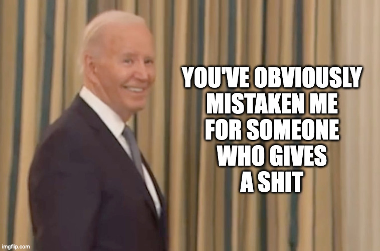 Biden | YOU'VE OBVIOUSLY
MISTAKEN ME
FOR SOMEONE
WHO GIVES
A SHIT | image tagged in biden | made w/ Imgflip meme maker