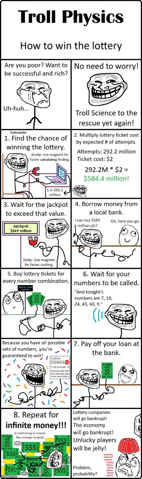 Troll Physics: Winning the Lotto | image tagged in memes,troll physics,troll science,lottery,money,funny | made w/ Imgflip meme maker