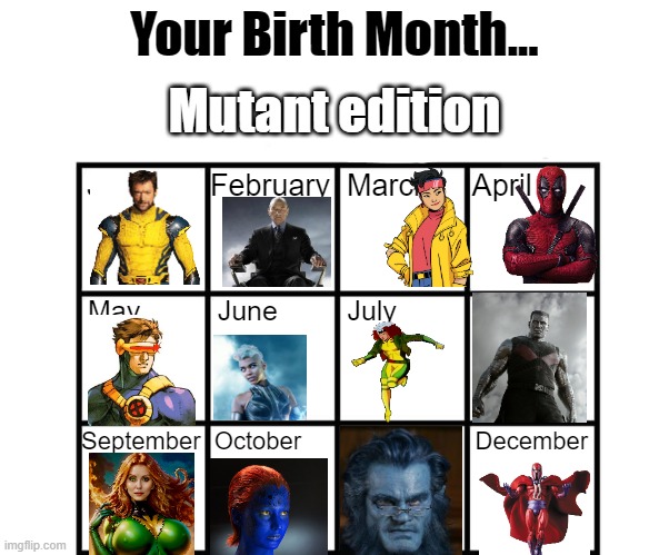 Birth Month Alignment Chart | Mutant edition | image tagged in birth month alignment chart | made w/ Imgflip meme maker