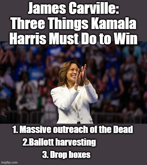 James Carville: Three Things Kamala Harris Must Do to Win; 1. Massive outreach of the Dead; 2.Ballott harvesting; 3. Drop boxes | made w/ Imgflip meme maker