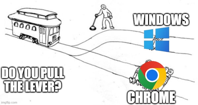 Trolley Problem | WINDOWS; DO YOU PULL THE LEVER? CHROME | image tagged in trolley problem | made w/ Imgflip meme maker