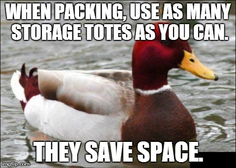 Malicious Advice Mallard | WHEN PACKING, USE AS MANY STORAGE TOTES AS YOU CAN. THEY SAVE SPACE. | image tagged in memes,malicious advice mallard | made w/ Imgflip meme maker