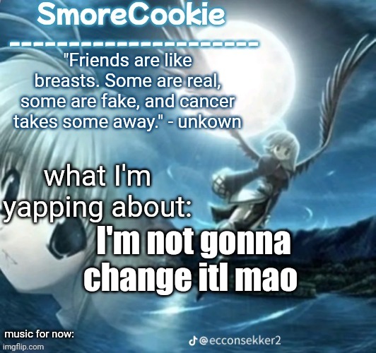 tweaks nightcore ass template | I'm not gonna change itl mao | image tagged in tweaks nightcore ass template | made w/ Imgflip meme maker