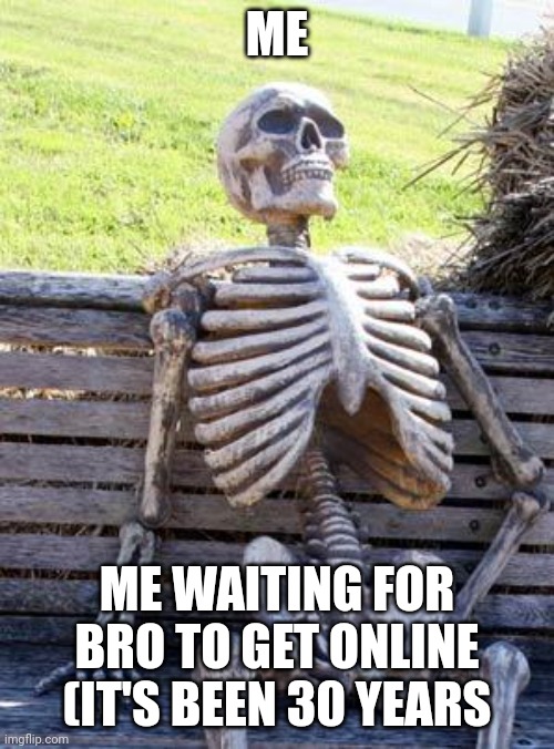 Real | ME; ME WAITING FOR BRO TO GET ONLINE (IT'S BEEN 30 YEARS | image tagged in memes,waiting skeleton | made w/ Imgflip meme maker