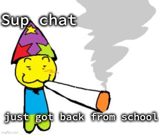 PartyNoob smoking a fat blunt | Sup chat; just got back from school | image tagged in partynoob smoking a fat blunt | made w/ Imgflip meme maker