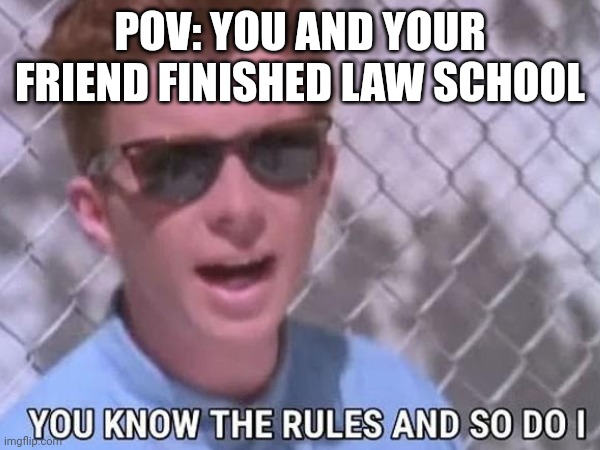 Gotta make you understand | POV: YOU AND YOUR FRIEND FINISHED LAW SCHOOL | image tagged in memes,law,never gonna give you up | made w/ Imgflip meme maker