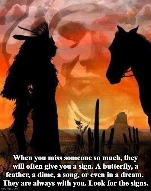 The Spirit World | When you miss someone so much, they will often give you a sign. A butterfly, a feather, a dime, a song, or even in a dream. 
They are always with you. Look for the signs. | image tagged in native,indigenous,native beliefs | made w/ Imgflip meme maker