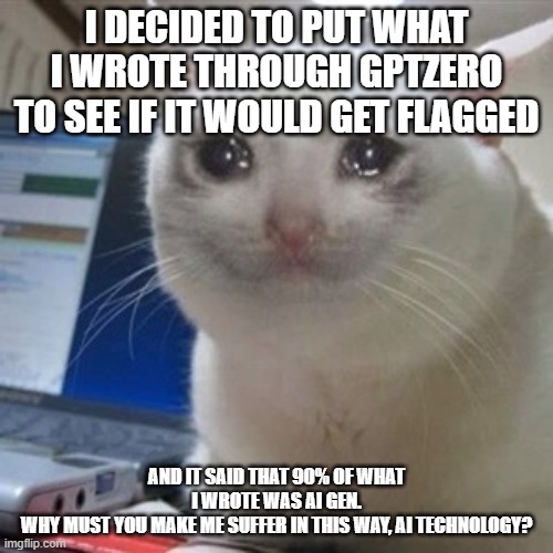 ima kms fr | I DECIDED TO PUT WHAT I WROTE THROUGH GPTZERO TO SEE IF IT WOULD GET FLAGGED; AND IT SAID THAT 90% OF WHAT I WROTE WAS AI GEN.
WHY MUST YOU MAKE ME SUFFER IN THIS WAY, AI TECHNOLOGY? | image tagged in crying cat | made w/ Imgflip meme maker