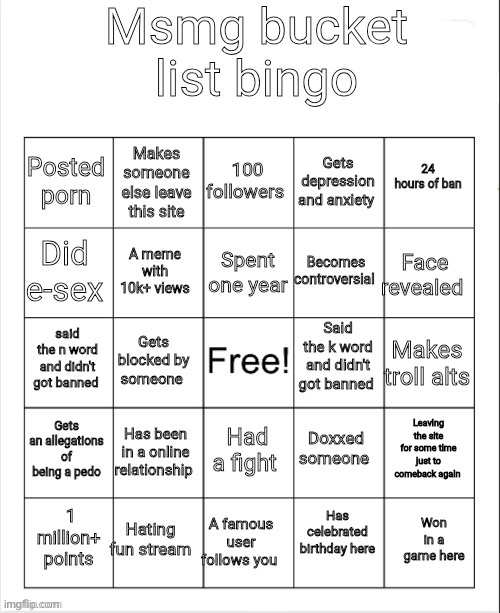 Msmg bucket list bingo | image tagged in msmg bucket list bingo | made w/ Imgflip meme maker