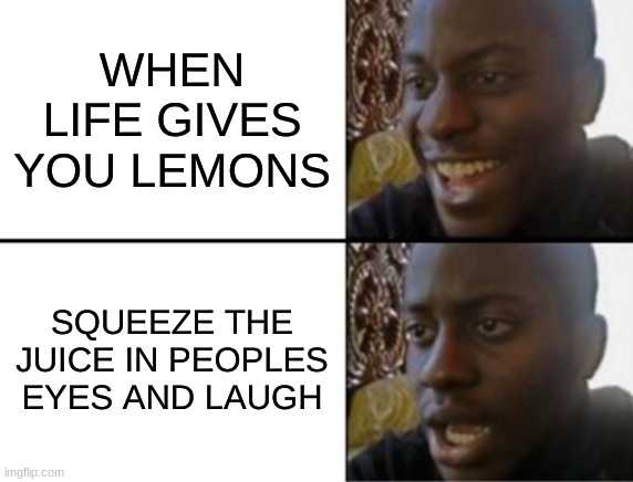 Good Advice | WHEN LIFE GIVES YOU LEMONS; SQUEEZE THE JUICE IN PEOPLES EYES AND LAUGH | image tagged in oh yeah oh no | made w/ Imgflip meme maker