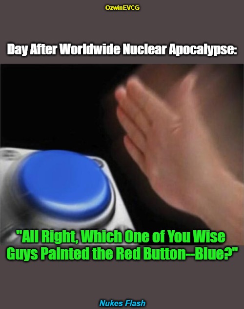 Nukes Flash [NV] | OzwinEVCG; Day After Worldwide Nuclear Apocalypse:; "All Right, Which One of You Wise 

Guys Painted the Red Button--Blue?"; Nukes Flash | image tagged in press,button,dark,nukes,found it,accidents | made w/ Imgflip meme maker