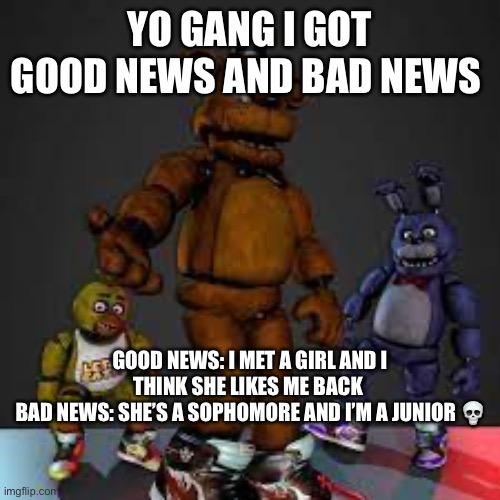 What do I do? I mean it’s not that bad but still age gap is age gap | YO GANG I GOT GOOD NEWS AND BAD NEWS; GOOD NEWS: I MET A GIRL AND I THINK SHE LIKES ME BACK 
BAD NEWS: SHE’S A SOPHOMORE AND I’M A JUNIOR 💀 | image tagged in fnaf drip | made w/ Imgflip meme maker