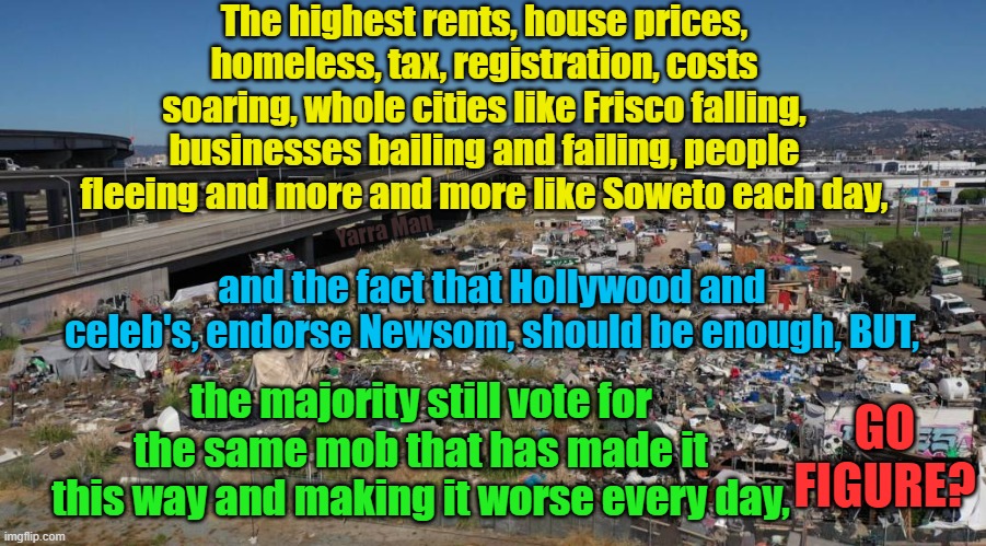 The California Way. | The highest rents, house prices, homeless, tax, registration, costs soaring, whole cities like Frisco falling, businesses bailing and failing, people fleeing and more and more like Soweto each day, Yarra Man; and the fact that Hollywood and celeb's, endorse Newsom, should be enough, BUT, the majority still vote for the same mob that has made it this way and making it worse every day, GO FIGURE? | image tagged in democrats,newsom,slums,soweto,the pits of hell,san francisco | made w/ Imgflip meme maker