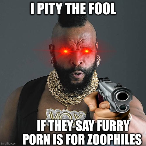 Mr T Pity The Fool Meme | I PITY THE FOOL; IF THEY SAY FURRY PORN IS FOR ZOOPHILES | image tagged in memes,mr t pity the fool | made w/ Imgflip meme maker