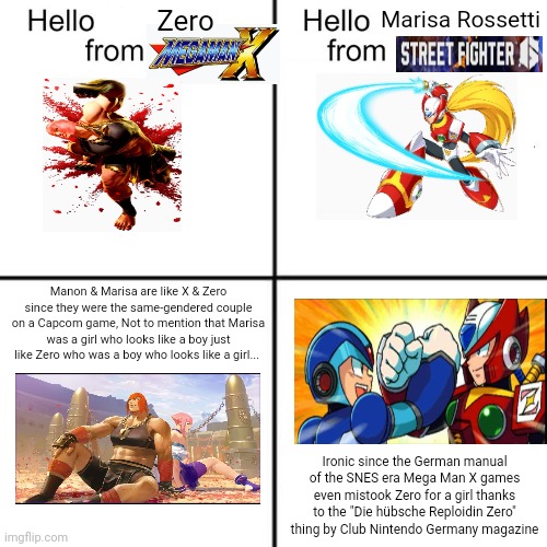 hello person from | Zero; Marisa Rossetti; Manon & Marisa are like X & Zero since they were the same-gendered couple on a Capcom game, Not to mention that Marisa was a girl who looks like a boy just like Zero who was a boy who looks like a girl... Ironic since the German manual of the SNES era Mega Man X games even mistook Zero for a girl thanks to the "Die hübsche Reploidin Zero" thing by Club Nintendo Germany magazine | image tagged in hello person from,street fighter,megaman x,german,gender | made w/ Imgflip meme maker