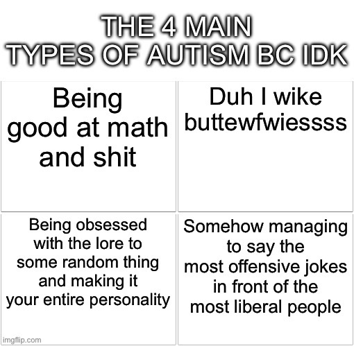 Its a template now! (And im back for a bit btw) | image tagged in types of autism | made w/ Imgflip meme maker