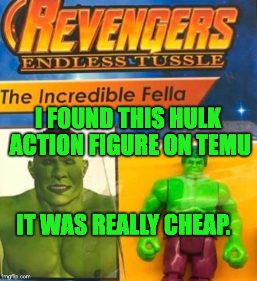 Did I Get a Deal or What? | I FOUND THIS HULK 
ACTION FIGURE ON TEMU; IT WAS REALLY CHEAP. | image tagged in the incredible fella | made w/ Imgflip meme maker