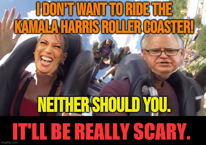 It'll Be Really Scary | I DON'T WANT TO RIDE THE KAMALA HARRIS ROLLER COASTER! NEITHER SHOULD YOU. IT'LL BE REALLY SCARY. | image tagged in roller coaster screaming,kamala harris,tim walz,scary,memes,politics | made w/ Imgflip meme maker