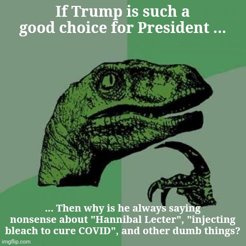 Philosoraptor Meme | If Trump is such a
good choice for President ... ... Then why is he always saying nonsense about "Hannibal Lecter", "injecting bleach to cure COVID", and other dumb things? | image tagged in memes,philosoraptor | made w/ Imgflip meme maker