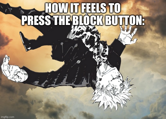 the honored one | HOW IT FEELS TO PRESS THE BLOCK BUTTON: | image tagged in the honored one | made w/ Imgflip meme maker