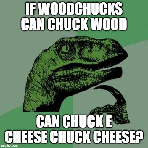 Philosoraptor | IF WOODCHUCKS CAN CHUCK WOOD; CAN CHUCK E CHEESE CHUCK CHEESE? | image tagged in memes,philosoraptor | made w/ Imgflip meme maker