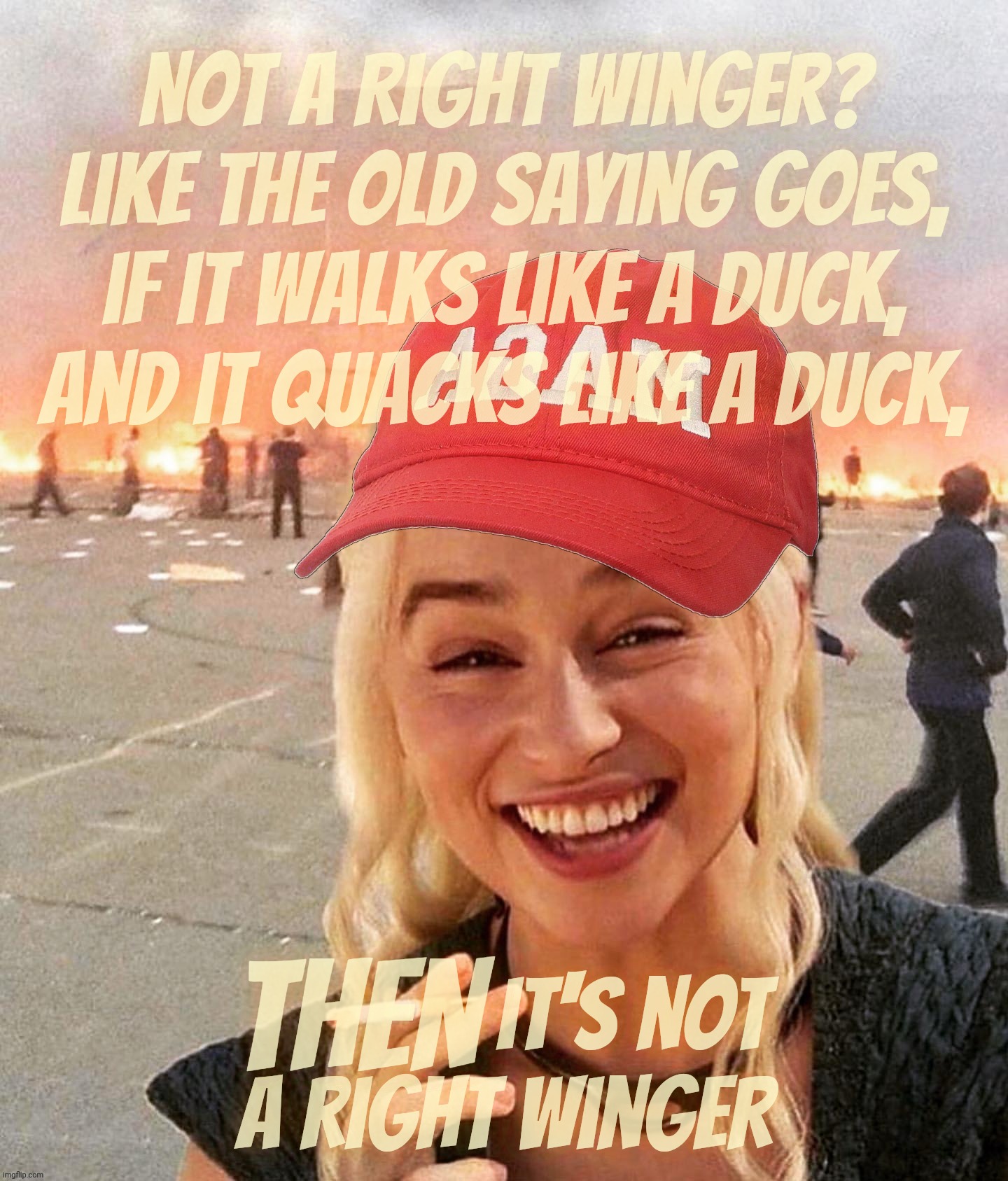 There are no Righties, MAGA, Cult 45, or Republicans here, just folks feeling sorry for Trump getting pooped on, so they say | Not a Right Winger? like the old saying goes,
if it walks like a duck,
and it quacks like a duck, THEN; it's not
a right winger | image tagged in disaster smoker girl maga edition,no right wingers,just concerned citizens,if it walks like a duck and it quacks like a duck,doy | made w/ Imgflip meme maker