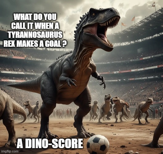 memes by Brad - What do you call it when a T-Rex makes a goal? | WHAT DO YOU CALL IT WHEN A TYRANNOSAURUS REX MAKES A GOAL ? A DINO-SCORE | image tagged in funny,sports,fun,dinosaur,soccer,humor | made w/ Imgflip meme maker