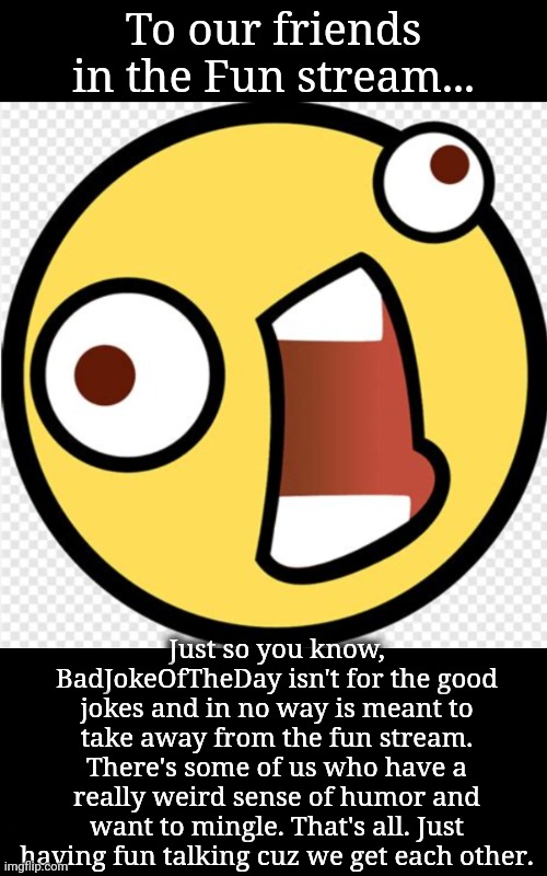 Room For Those No Body Gets | To our friends in the Fun stream... Just so you know, BadJokeOfTheDay isn't for the good jokes and in no way is meant to take away from the fun stream. There's some of us who have a really weird sense of humor and want to mingle. That's all. Just having fun talking cuz we get each other. | image tagged in jokes,fun,group chats | made w/ Imgflip meme maker