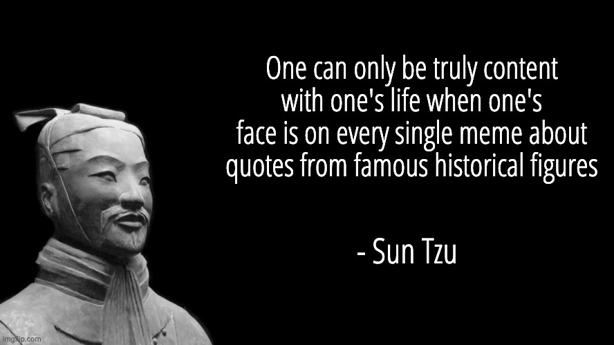 Words of wisdom | One can only be truly content with one's life when one's face is on every single meme about quotes from famous historical figures; - Sun Tzu | image tagged in sun tzu | made w/ Imgflip meme maker