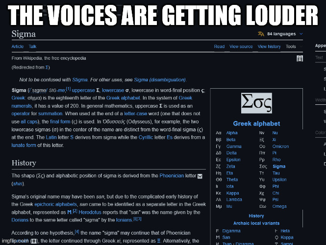 THE VOICES ARE GETTING LOUDER | image tagged in sigma | made w/ Imgflip meme maker