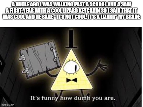 Bruh | A WHILE AGO I WAS WALKING PAST A SCHOOL AND A SAW A FIRST-YEAR WITH A COOL LIZARD KEYCHAIN SO I SAID THAT IT WAS COOL AND HE SAID: "IT'S NOT COOL, IT'S A LIZARD" MY BRAIN: | image tagged in it's funny how dumb you are bill cipher | made w/ Imgflip meme maker