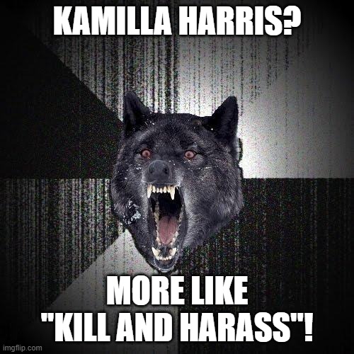 Insanity Wolf | KAMILLA HARRIS? MORE LIKE "KILL AND HARASS"! | image tagged in memes,insanity wolf | made w/ Imgflip meme maker