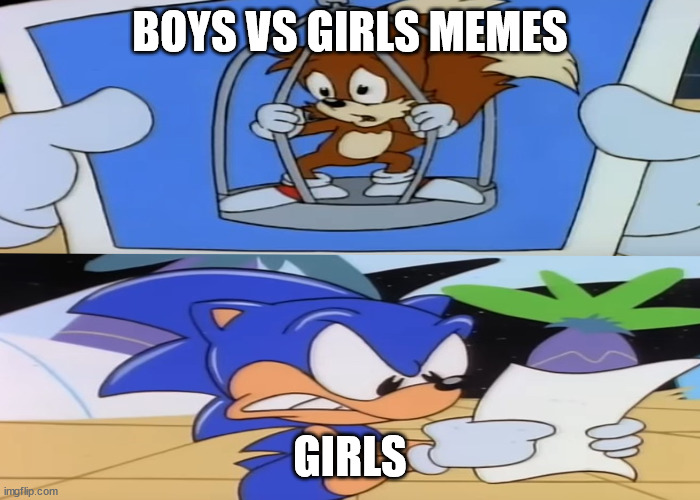 Boys vs girls memes suck ass | BOYS VS GIRLS MEMES; GIRLS | image tagged in aosth sonic being angry while looking at a tails photo,sonic,tails,angry,relatable | made w/ Imgflip meme maker