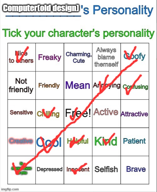 Computer's personality | Computer(old design) | image tagged in character/ocs personality bingo | made w/ Imgflip meme maker